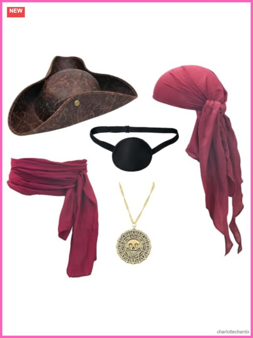 5PC Pirate Costume Accessory Set Faux Leather Tricorn Hat Bandana Sash Eye Patch